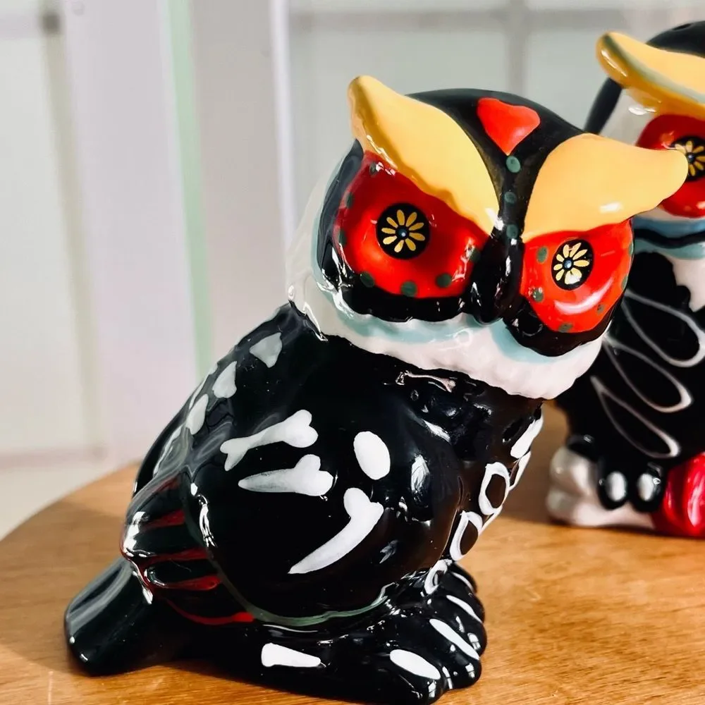Sugar Skull Skeleton Owl Salt and Pepper Shakers Halloween Day of the Dead
